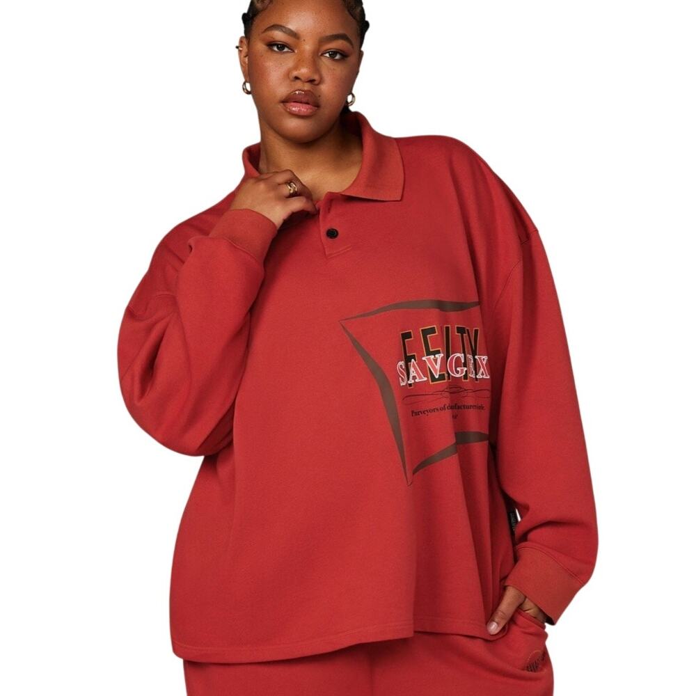 Savage X Fenty Terry Long Sleeve Polo Red Unisex Size L Oversized Streetwear